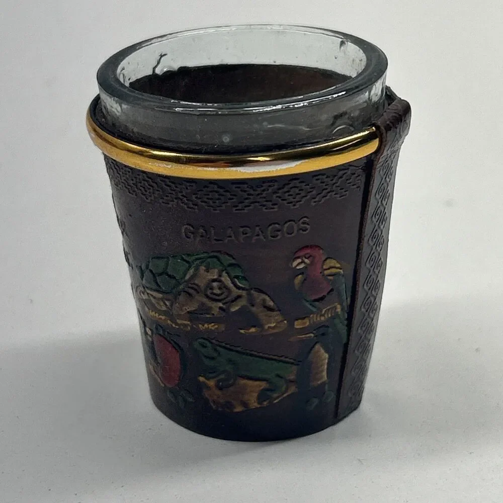 Lot Of 6 Vintage Ecuador Guayaquil Shot‎ Glasses W/ Hand Tooled Leather Sleeves